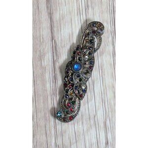 Vintage Rhinestone bar brooch pin With Colorful Gemstones & Intricate Design 2.5